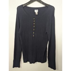 Chico's Size 3 Pullover Knit Sweater Vneck Snap accent Long Sleeve Navy US L